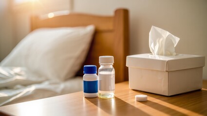 Nightstand healthcare flu medicine near tissue box in warm sunlight, minimal sick day preparation