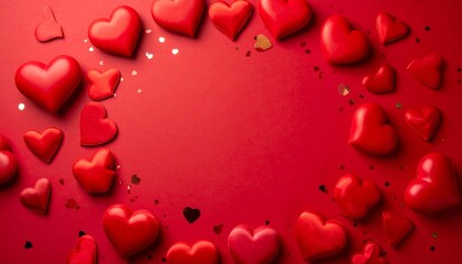 Red Valentine’s Day decorations with hearts, ribbon, dried orange slice, and paper fans on red background.