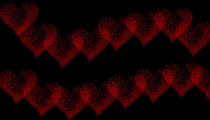 Beautiful abstract background featuring two rows of vibrant red hearts composed of sparkling particles set against a solid deep black background.