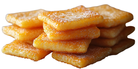 Stack of crispy golden yellow food items on transparent background
