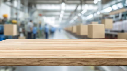Clean wooden surface against an automated conveyor belt system in a factory. Perfect for displaying manufactured goods in a production environment. Ideal for promotions.