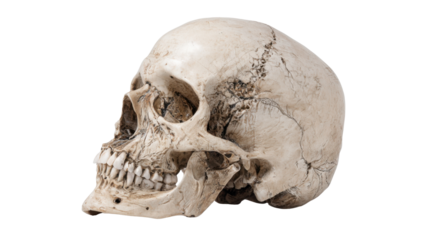 Human skull bone structure showing detailed profile view for anatomical study and medical education, on a transparent background
