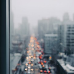 Rainy Cityscape with Blurred Traffic Lights Through Window