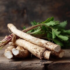 Fresh Horseradish Roots on Rustic Wooden Table Closeup