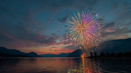 A vibrant fireworks display explodes over a serene lake, reflecting the colorful burst against a twilight sky framed by mountains