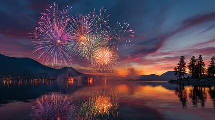 A vibrant fireworks display explodes over a serene lake, reflecting the colorful lights against a breathtaking sunset