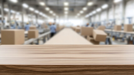 Empty wooden table top with a blurred industrial background featuring moving boxes. Perfect for showcasing products or illustrating industrial efficiency and logistical readiness.