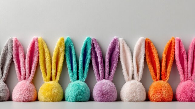 Close-up of eight fluffy rabbit ears in various bright colors against a neutral gray background. A row of decorations