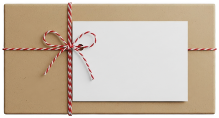 A rectangular, unadorned kraft paper package, wrapped with rustic red and white striped twine tied in a simple bow, features a blank white cardstock tag affixed, isolated on transparent background.