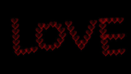 Romantic bright red heart shapes dynamically form the word love glowing softly against a deep black background representing affection and celebration