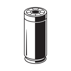 A stark black and white illustration depicts a cylindrical cartridge likely a bullet casing