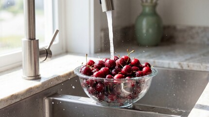 Fresh red cherries being washed in a clear glass bowl under running water in a kitchen sink.