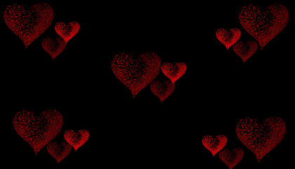 Red glittering hearts with a sparkling particle effect appear scattered across a deep black background symbolizing romance and celebration.