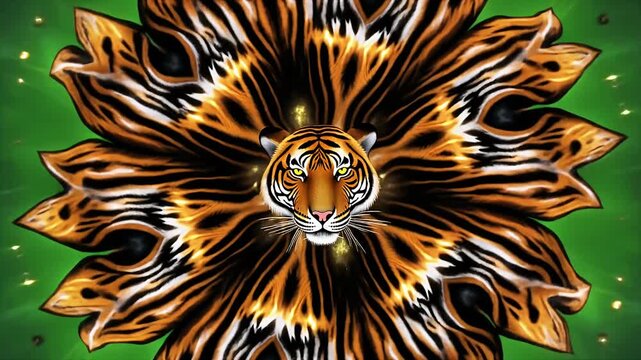 Vibrant Tiger Face Emerging from Floral Pattern on Green Background Illustration