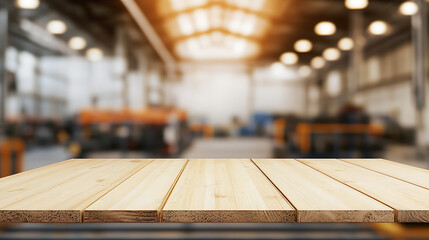 Rustic wooden tabletop foregrounds a blurred manufacturing space, illuminated with soft lighting, ready for product showcase or creative design integrations.