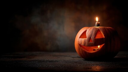 A carved pumpkin with a lit candle inside and on top, set against a dark, textured backdrop. It creates a spooky and festive Halloween ambiance