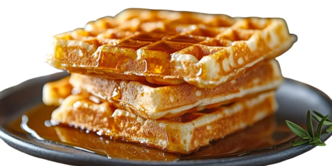 Stack of golden brown waffles on plate