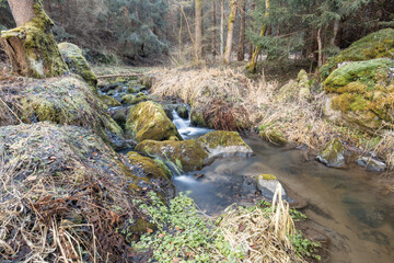 A serene stream flows through moss-covered rocks in the Highland region of the Czech Republic, featuring long exposure to blur the waters movement.