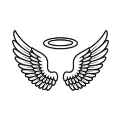 Obraz premium A simple black and white illustration of angel wings with a halo above them