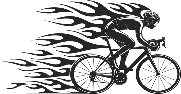 Cyclist on road bike with flames vector, silhouette of bicycle rider with speed fire trails for sports logo design