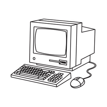 A simple black and white line drawing depicting an old computer with keyboard and mouse