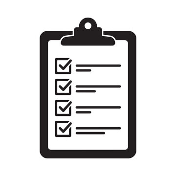 A black and white illustration of a clipboard with several check boxes mostly ticked