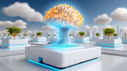 Modern 3D Render of Futuristic Concept with Intelligent Tree in Urban Environment