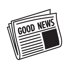 A simple black and white illustration depicting a stack of newspapers with the headline good news