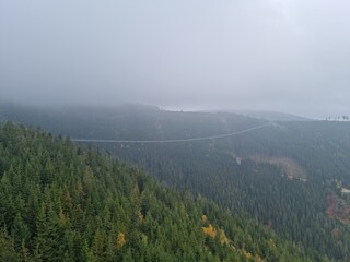 Sky Bridge 721 pedestrian suspension bridge in Doln&iacute; Morava, hanging 95 meters above the valley, disappearing into mist above green forest. Symbol of courage, space, and modern tourism.