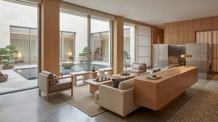 Modern Living Room with Panoramic Garden View and Minimalist Decor. © Choirul