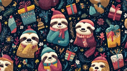 A festive illustration showcasing cheerful sloths wearing winter attire, surrounded by holiday gifts, greenery, and snowflakes, creating a whimsical Christmas pattern