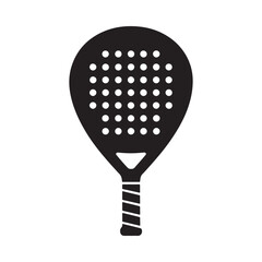 A simple black and white illustration depicts a paddle racket used for playing padel tennis