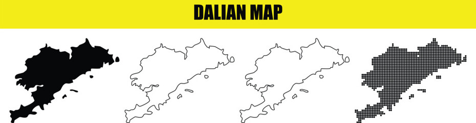 Obraz premium Dalian city map collection four different styles in black and white outline and halftone dot style