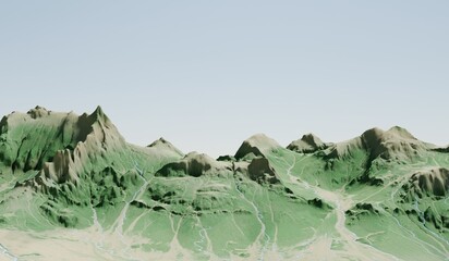 Aerial view, waterway, ground level, natural background, 3D illustration