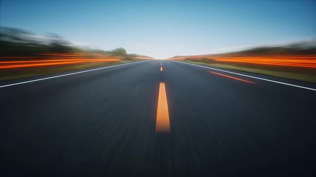 A speeding vehicle captured on a straight road with motion blur under a clear blue sky