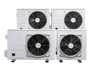 Several white rectangular outdoor units stacked for residential or commercial cooling systems