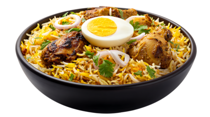 Delicious bowl of chicken biryani with egg and onions on top served in a black plate isolated on transparent background