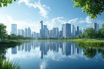 Fototapeta premium Urban skyline reflecting on calm lake surrounded by lush greenery on a sunny day