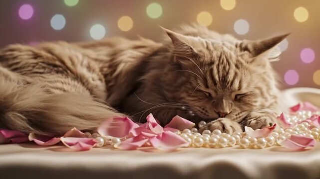 Elegant Fluffy Cat Resting on Pearls and Rose Petals with Soft Bokeh Lights, Romantic Cinematic Mood