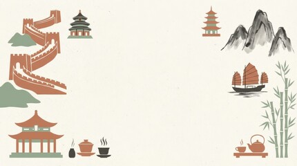 Exploring the cultural heritage of the great wall china illustrated art scenic landscape traditional architecture serene environment artistic perspective rich history and legacy