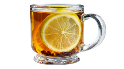 A glass mug of tea with a lemon slice on a transparent background for a refreshing drink
