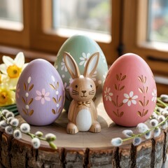 Handcrafted Wooden Bunny on Rustic Farmhouse Table