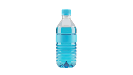 Blue liquid filled plastic water bottle with a label on transparent background
