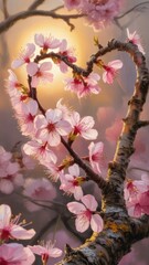 Heart-Shaped Cherry Blossom Branch in Golden Sunset Light