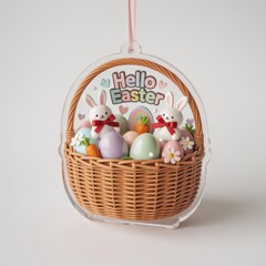 Kawaii-style Easter shaker ornament shaped like a wicker basket, filled with floating bunnies, pastel eggs, flowers, carrots, and hearts on a white background.