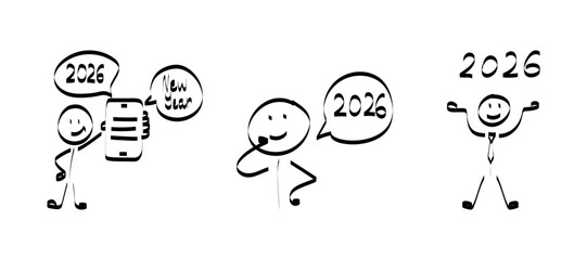 2026. doodle. Simple hand-drawn stick figures presenting the year 2026 on a board, symbolizing future planning, goals, and business forecasting.