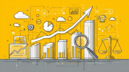A vibrant yellow graphic depicts financial growth. Illustrated charts and diagrams, a magnifying glass and a scale of justice create an image