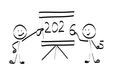 2026. doodle. Simple hand-drawn stick figures presenting the year 2026 on a board, symbolizing future planning, goals, and business forecasting.