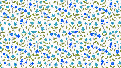 Seamless floral pattern design with small blue flowers and green leaves on a light background ideal for textiles, wallpaper and decor.