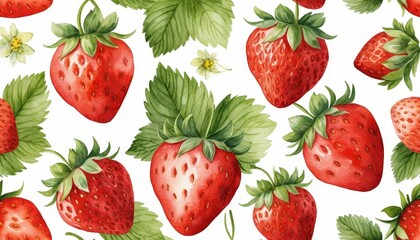 Vibrant Red Strawberries with Green Leaves and White Flowers on a Soft Background Design